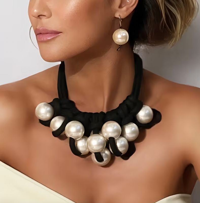 Large Faux Pearl/Black Rope Statement Set