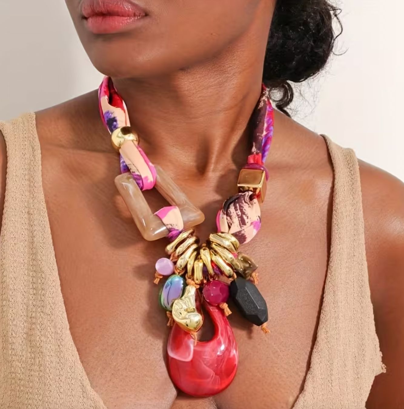Bohemian-Style Printed Fabric Beads with Large Red Teardrop Pendant