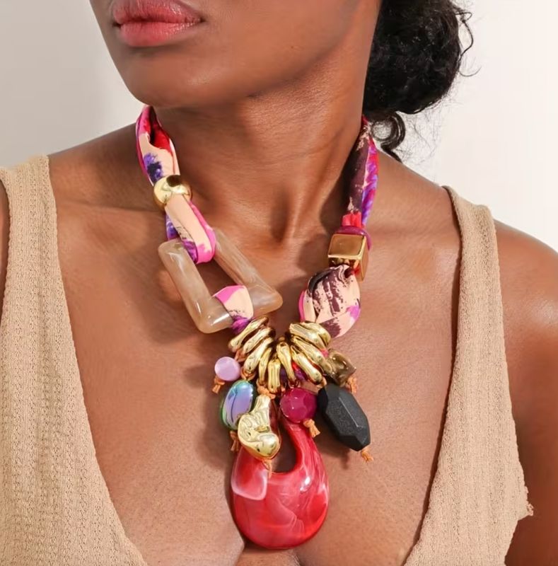 Bohemian-Style Printed Fabric Beads with Large Red Teardrop Pendant