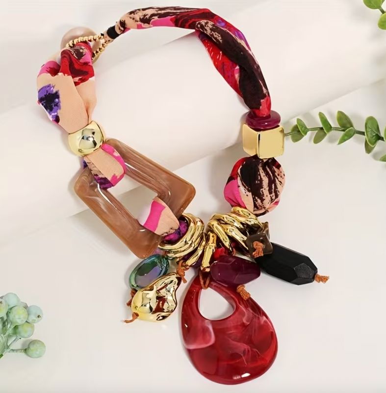 Bohemian-Style Printed Fabric Beads with Large Red Teardrop Pendant