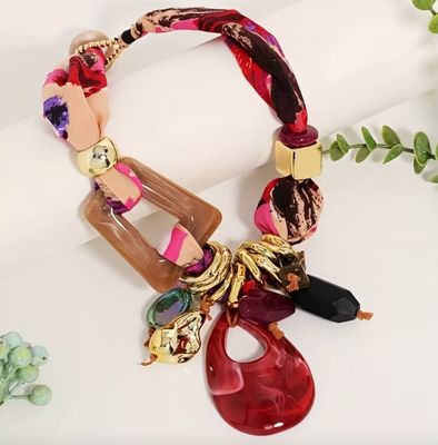 Bohemian-Style Printed Fabric Beads with Large Red Teardrop Pendant