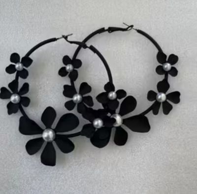 Black Large Coated Hoops Spaced Pearl Accented Earrings