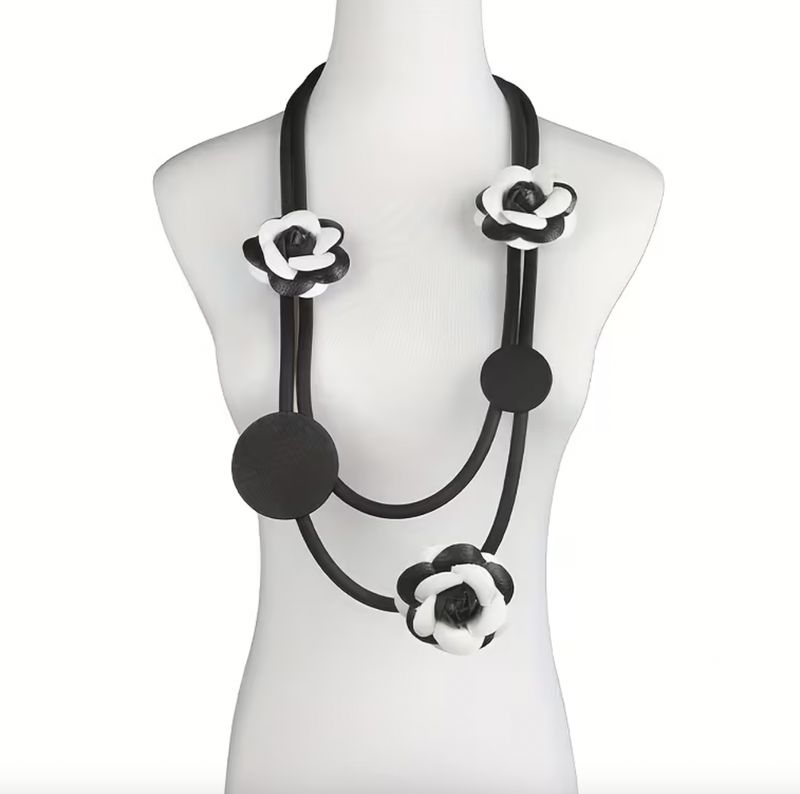 Designer Look Black/White Rubber Floral Long Statement Necklace