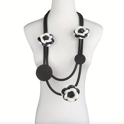 Designer Look Black/White Rubber Floral Long Statement Necklace