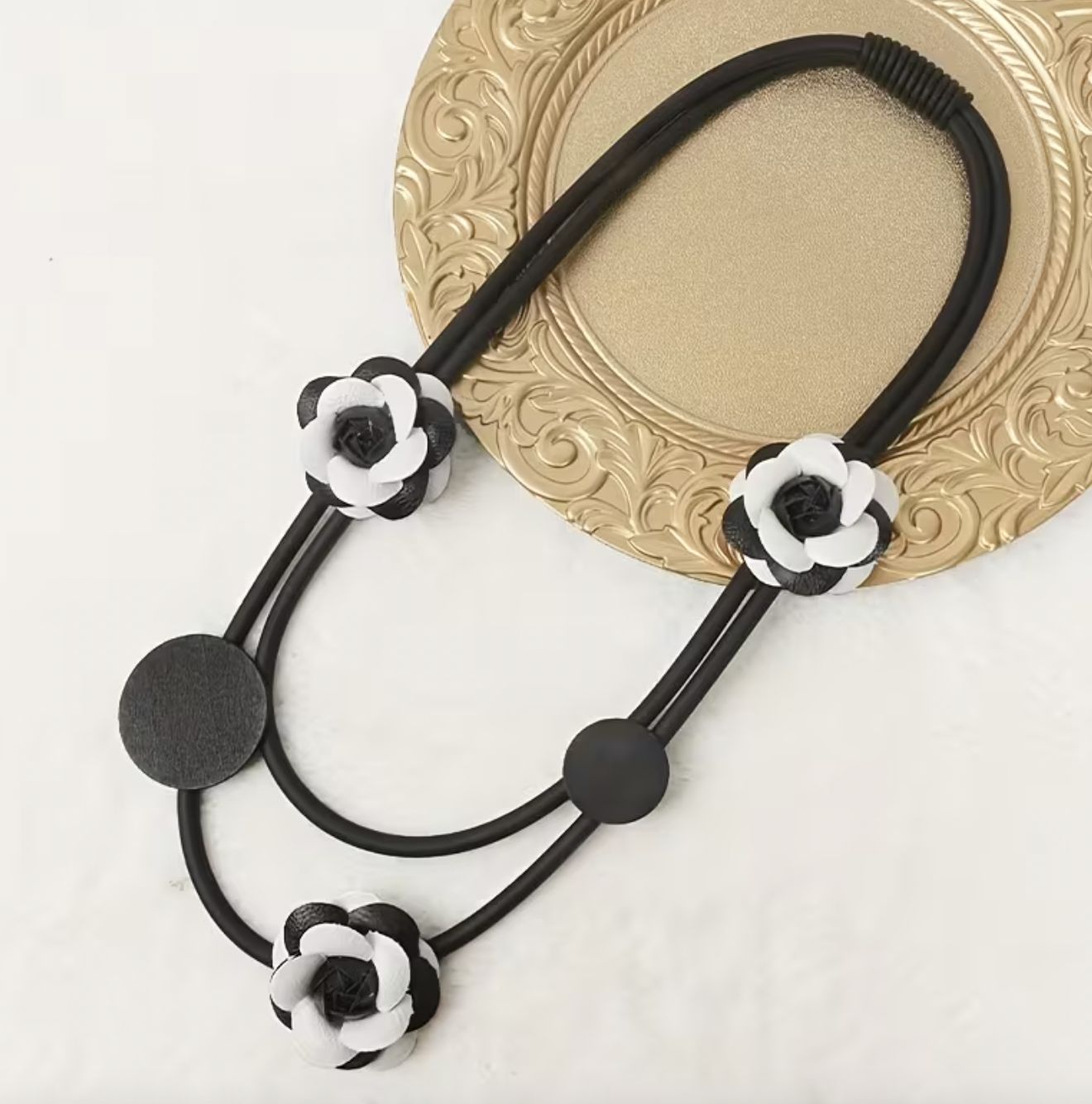 Designer Look Black/White Rubber Floral Long Statement Necklace