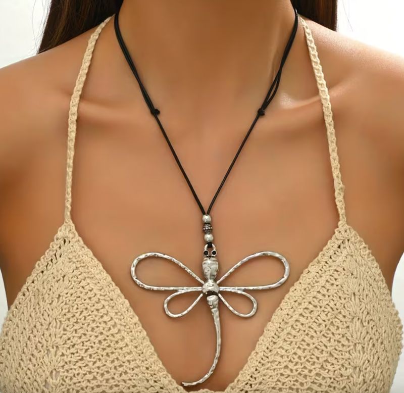 Bohemian Style Adjustable Length Black Rope Dragonfly Pendant Necklace