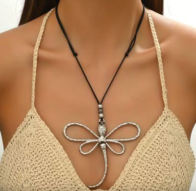 Bohemian Style Adjustable Length Black Rope Dragonfly Pendant Necklace