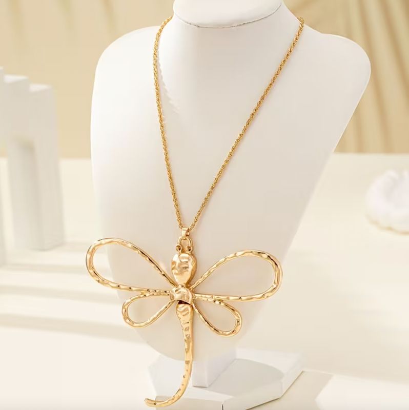 Gold Long Large Dragon Fly Pendant Necklace