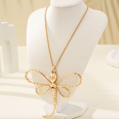 Gold Long Large Dragon Fly Pendant Necklace