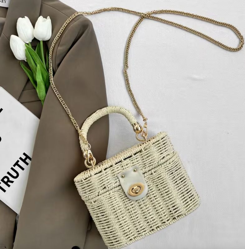 Ivory Straw Twist Lock Front Small Handbag