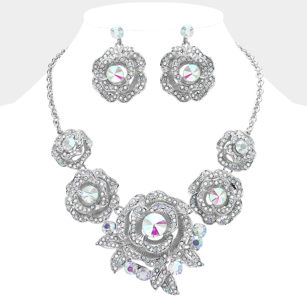 Round Stone Accented Rhinestone Paved Rose Embellished Statement Set