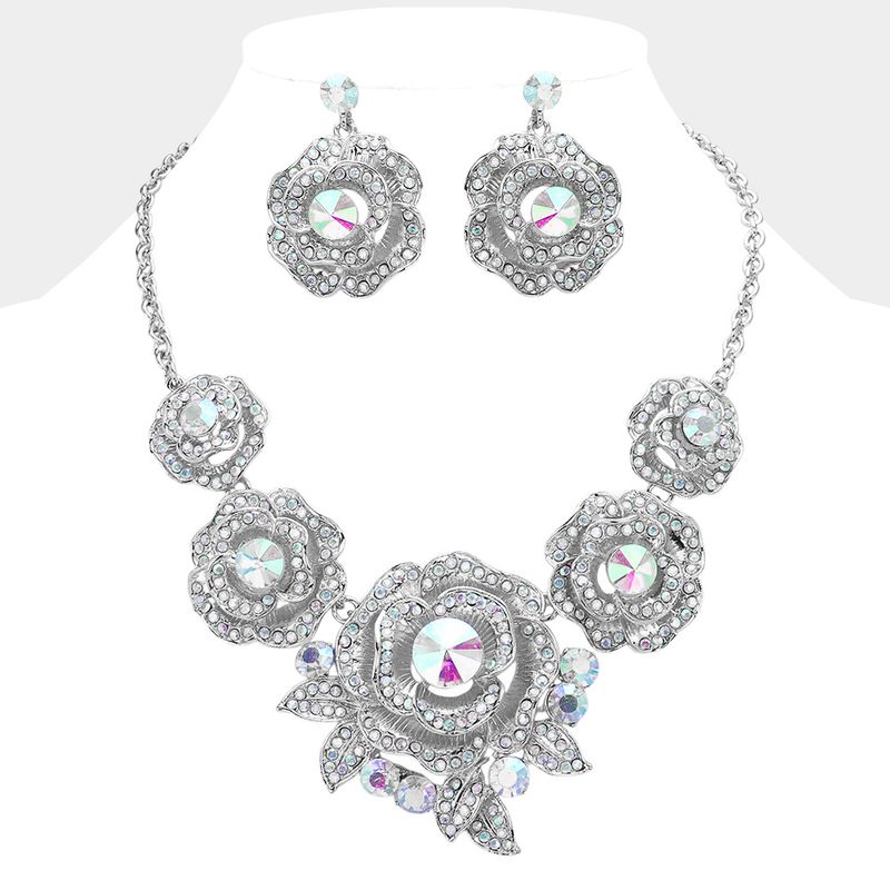 Round Stone Accented Rhinestone Paved Rose Embellished Statement Set