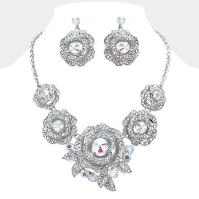 Round Stone Accented Rhinestone Paved Rose Embellished Statement Set