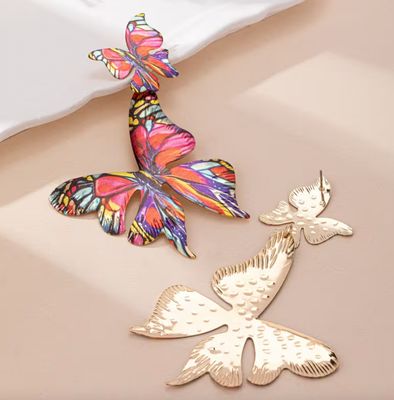 Pink Multi Color Large Butterfly Statement Earrings