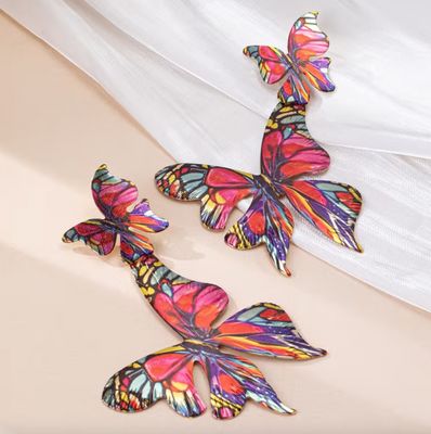 Pink Multi Color Large Butterfly Statement Earrings