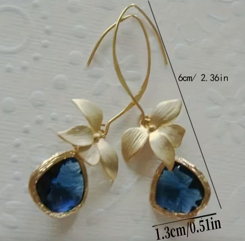 Gold Floral Hook Hoop Navy Pendant Earrings