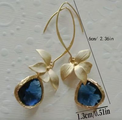 Gold Floral Hook Hoop Navy Pendant Earrings