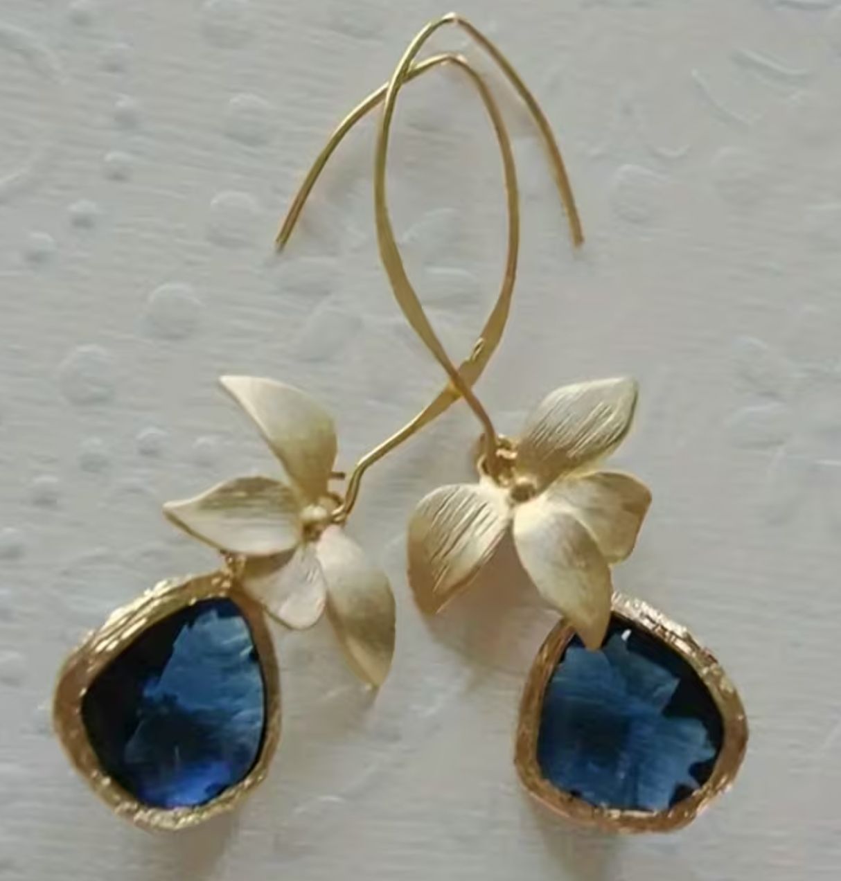 Gold Floral Hook Hoop Navy Pendant Earrings