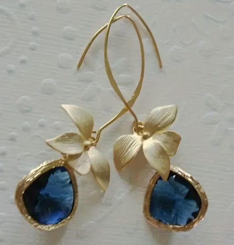 Gold Floral Hook Hoop Navy Pendant Earrings