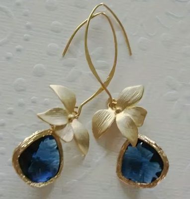 Gold Floral Hook Hoop Navy Pendant Earrings Gold Floral Hook Hoop Navy Pendant Earrings