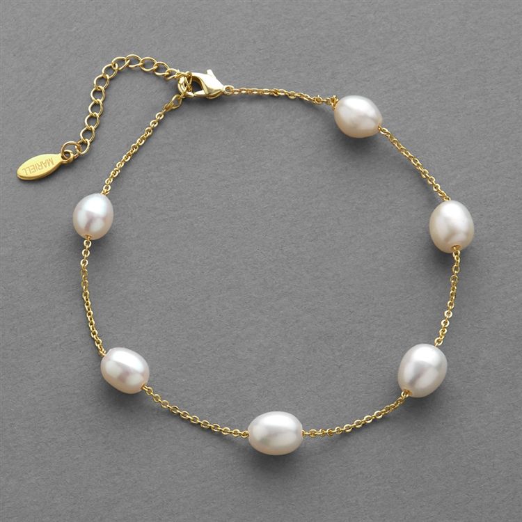 Ivory Freshwater "Floating Pearl" Bracelet on Thin Link Chain in 14K Gold Plating