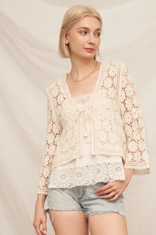 Ivory Floral Crochet Tie Front Cardigan