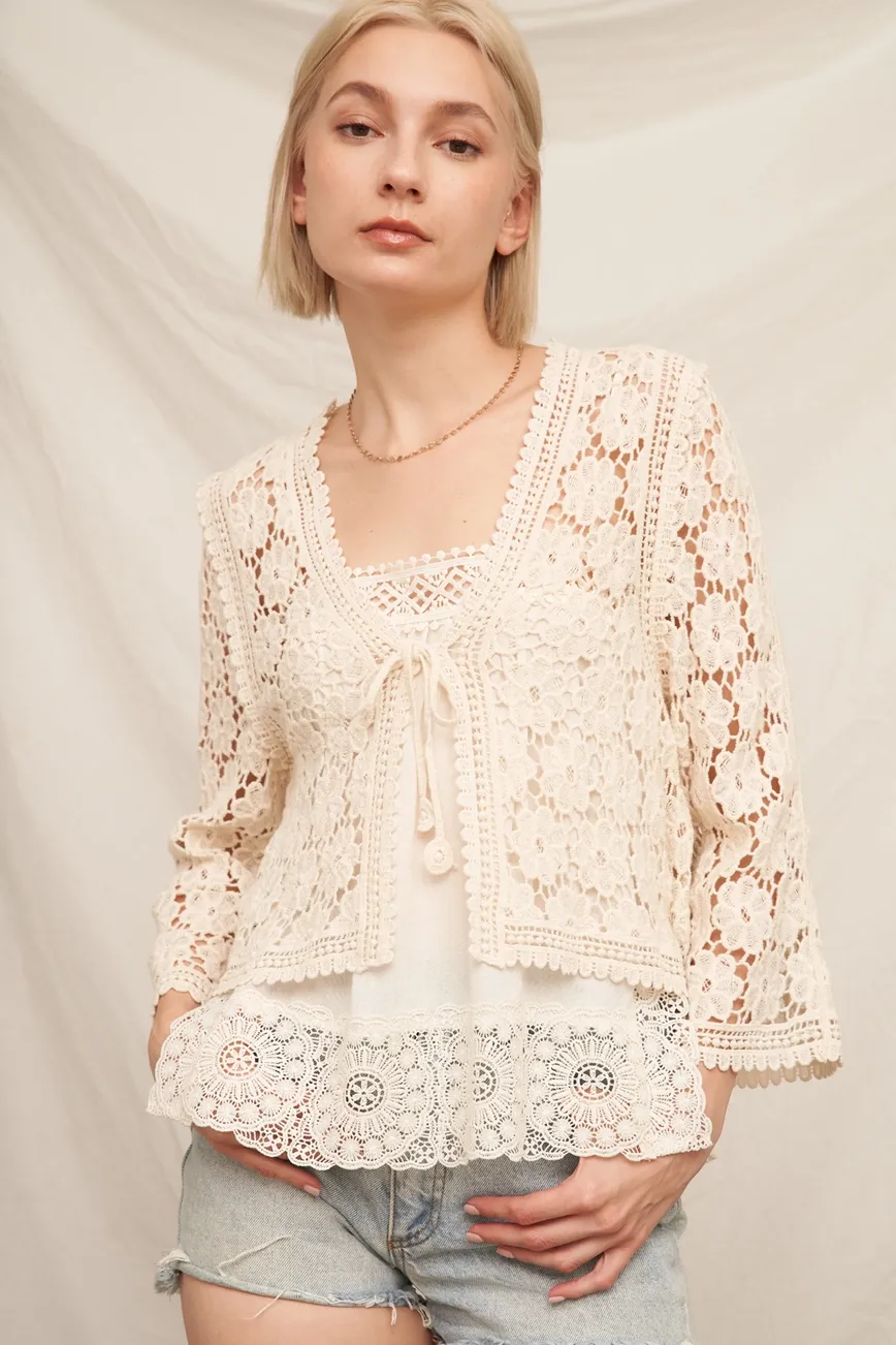 Ivory Floral Crochet Tie Front Cardigan Ivory Floral Crochet Tie Front Cardigan