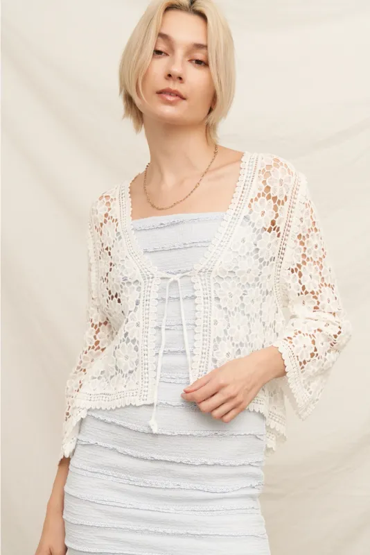 White Floral Crochet Tie Front Cardigan White Floral Crochet Tie Front Cardigan
