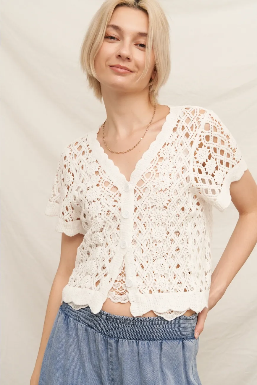 White Short Sleeve V-Neck Crochet Sweater Top White Short Sleeve V-Neck Crochet Sweater Top
