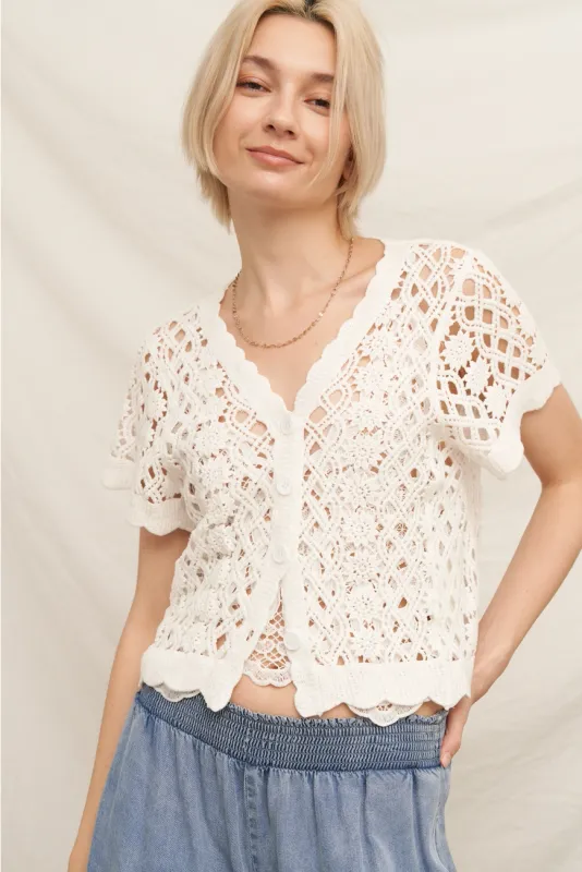 White Short Sleeve V-Neck Crochet Sweater Top White Short Sleeve V-Neck Crochet Sweater Top
