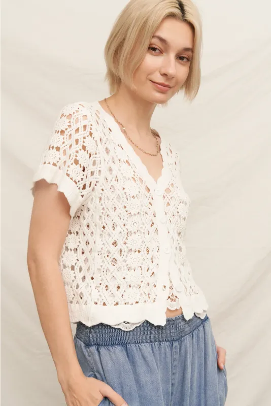 White Short Sleeve V-Neck Crochet Sweater Top
