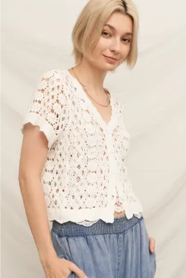 White Short Sleeve V-Neck Crochet Sweater Top