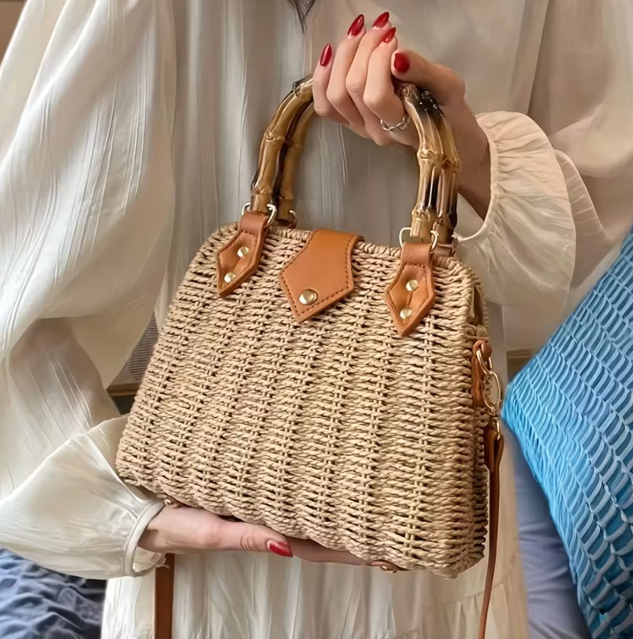 Bamboo Handle Woven Straw Cross Body Handbag Bamboo Handle Woven Straw Cross Body Handbag