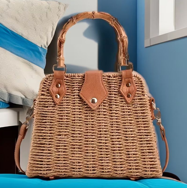 Bamboo Handle Woven Straw Cross Body Handbag