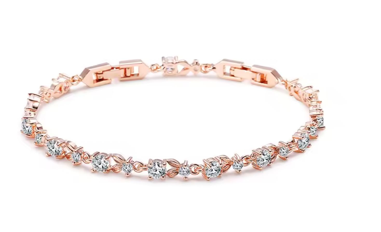 Rose Gold Leaf/Round Cubic Zirconia Delicate Bracelet
