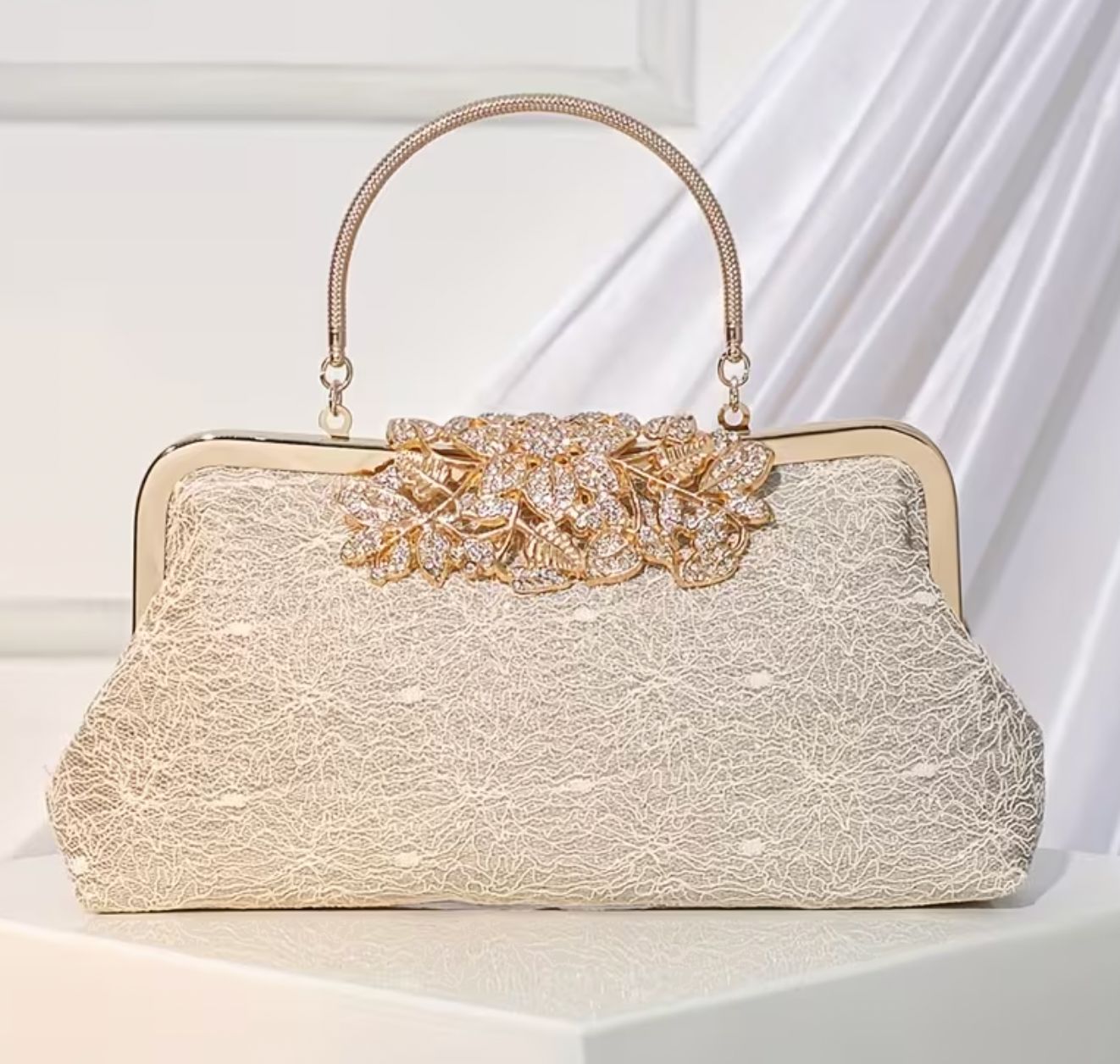 Gold Embellished  Flap Lace Covered Texture Evening Bag