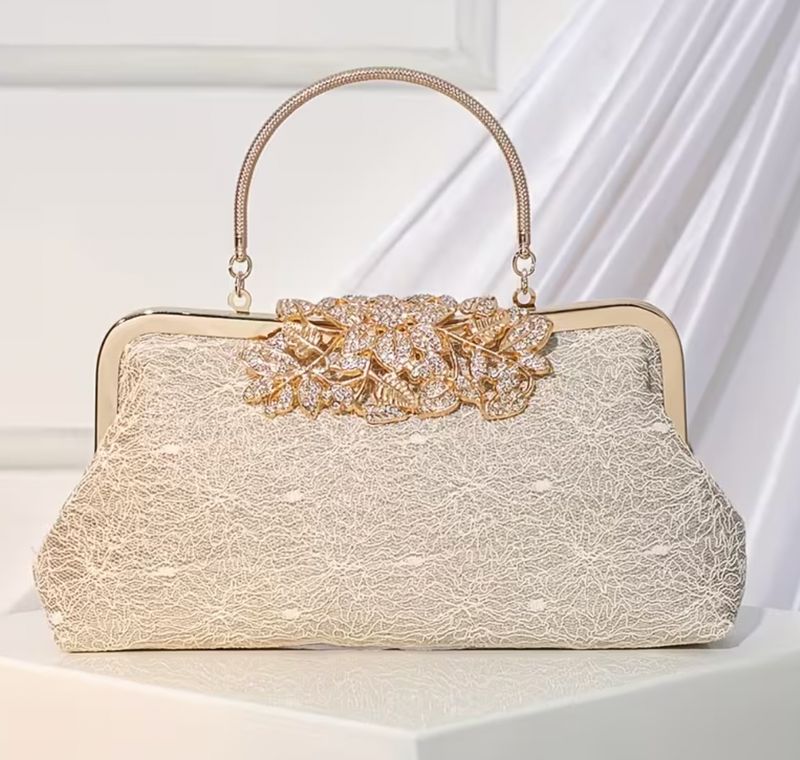 Gold Embellished Flap Lace Covered Texture Evening Bag Gold Embellished Flap Lace Covered Texture Evening Bag