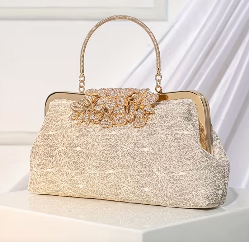 Gold Embellished  Flap Lace Covered Texture Evening Bag