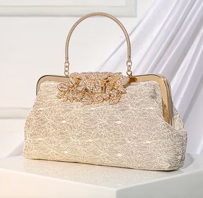 Gold Embellished  Flap Lace Covered Texture Evening Bag