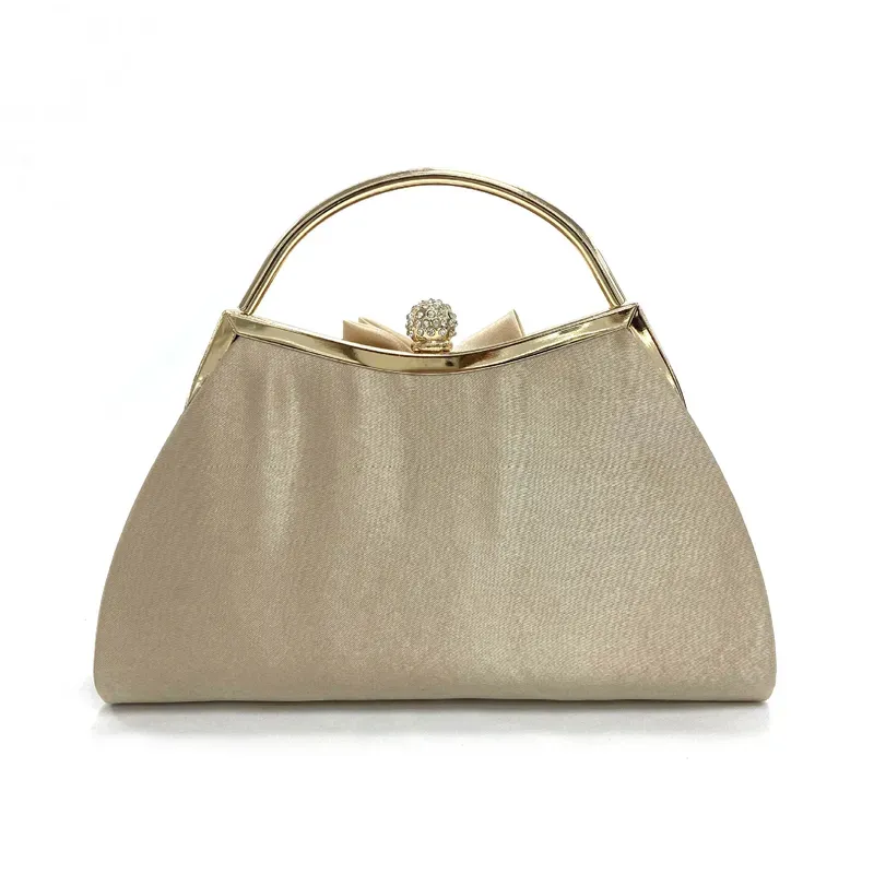 Beige/Gold Embellished Flower Front Handle Evening Bag
