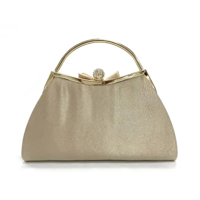 Beige/Gold Embellished Flower Front Handle Evening Bag