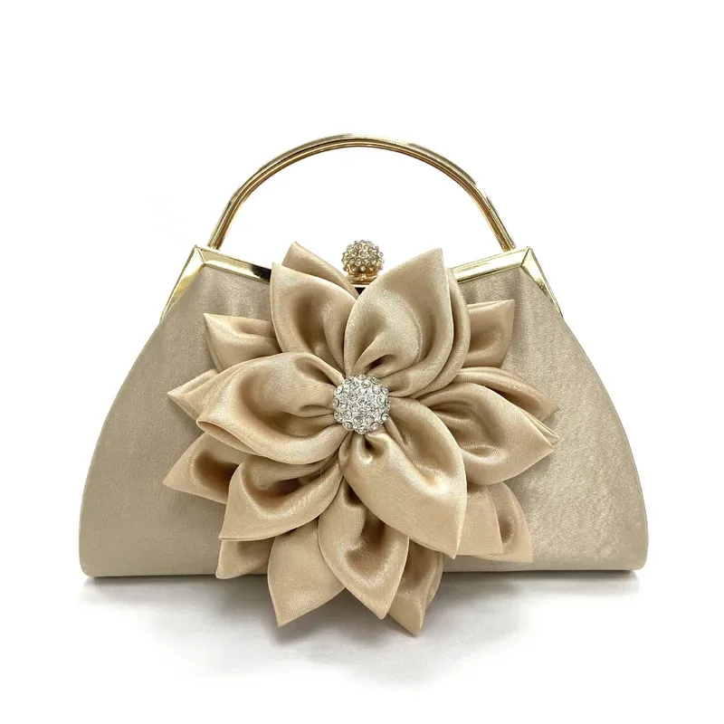 Beige/Gold Embellished Flower Front Handle Evening Bag