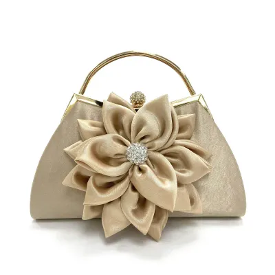 Beige/Gold Embellished Flower Front Handle Evening Bag