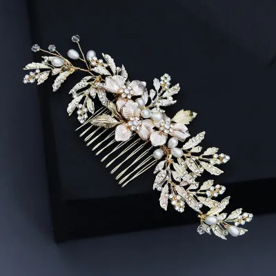 Golden Floral/Faux Pearl Botanical Hair Comb