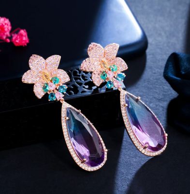 Pink Pave CZ Crystal Flower Lavender Crystal Drop Earring