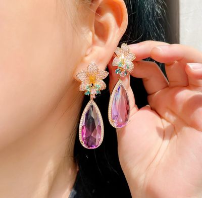 Pink Pave CZ Crystal Flower Lavender Crystal Drop Earring