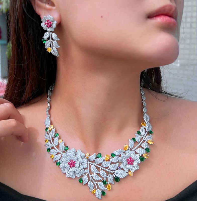 Luxury Pave Multi Colored Floral Statement Necklace