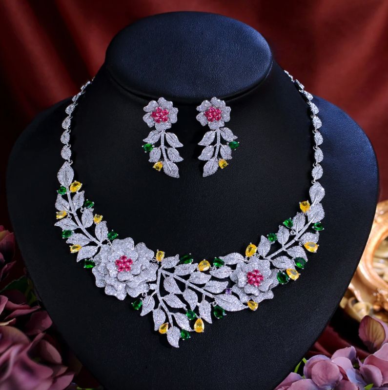 Luxury Pave Multi Colored Floral Statement Necklace