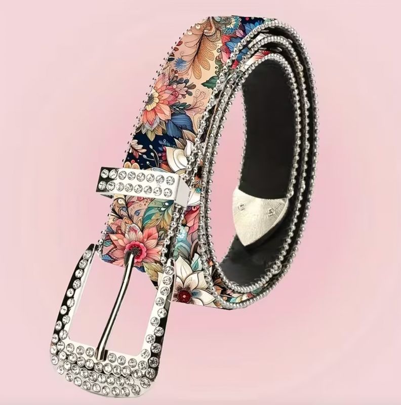 Crystal Embellished Buckle Floral Design Vegan Leather Belt