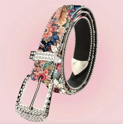 Crystal Embellished Buckle Floral Design Vegan Leather Belt